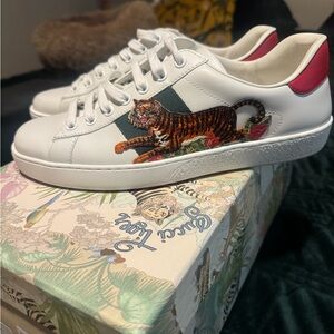 Gucci White Sneakers with Tiger and Red Accents